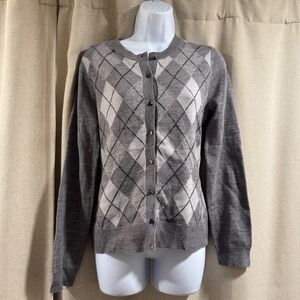 VTG‎ New York & Co Grey Argyle Button Up Cardigan Sweater Womens M